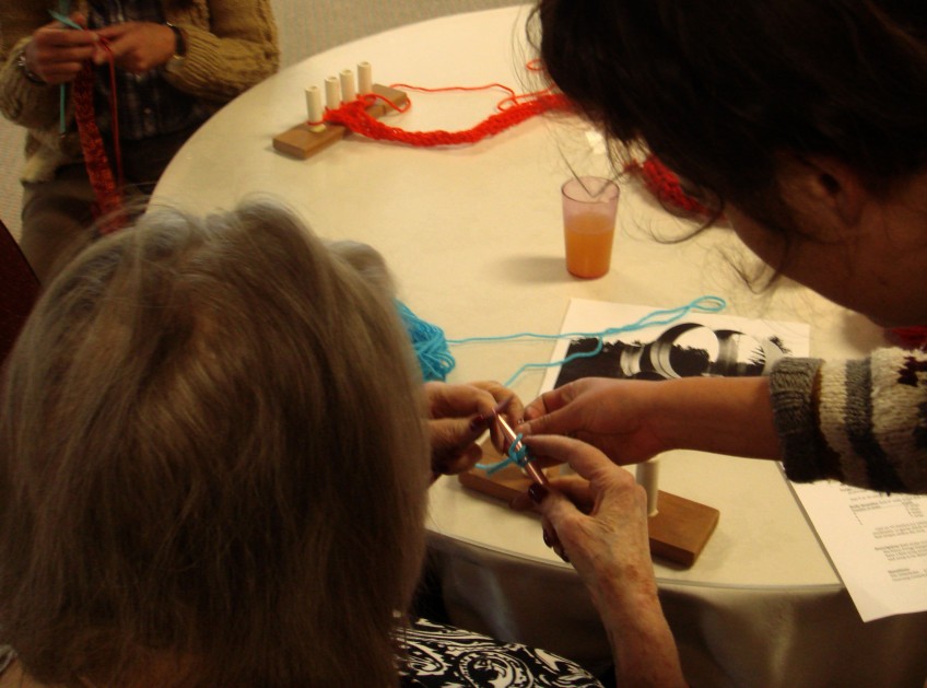 knitters at table