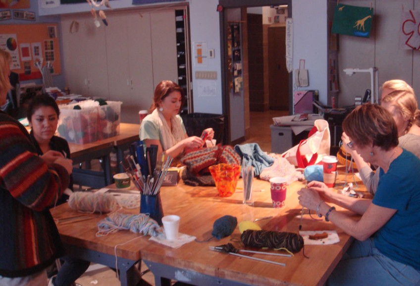 knitters at table